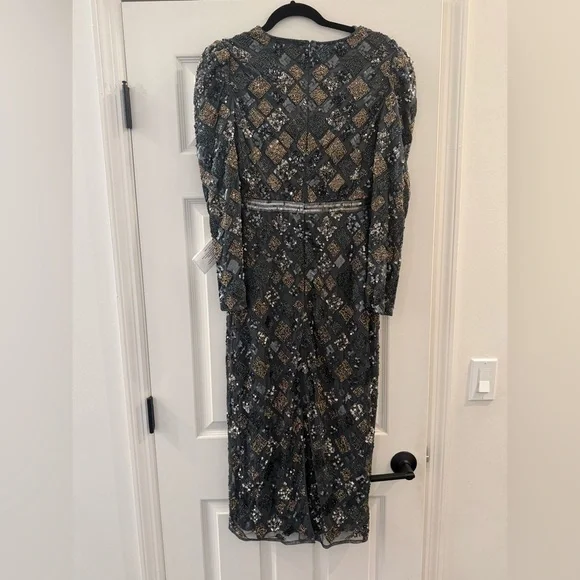 NWT Mac Duggal 5472 Long Sleeve Geometric Sequin Midi Dress sz 6 Charcoal/Gray
